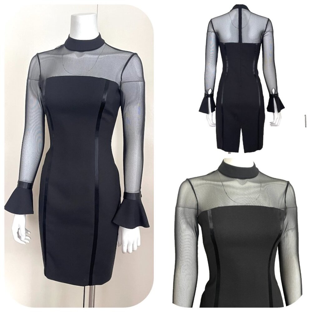 Oleg Cassini Black Tie mesh sleeves Little Black Dress 4